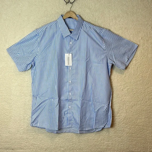 NWT DOKKIA Mens Blue White Stripe Short Sleeve Button Up Dress Shirt SIZE XL - Picture 1 of 6
